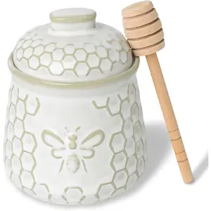 Honey Jar with Dipper and Lid, 10 OZ Ceramic Honey Pot With Bee, Farmhouse Kitchen Decor (Vintage White)