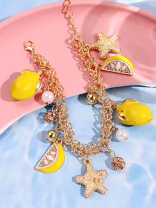 1pc Fashion Cute Lemon, Pearl & Star Tassel Chain Bracelet, Summer Beach Party Jewelry For Women