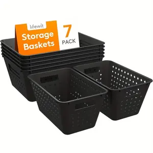 [Discount] 7-Pack Stackable Storage Bins, 5 Large and 2 Small Sizes, Black, Plastic Storage Baskets, Multi-Size Open Containers, Suitable for Shelves, Pantries, Offices, and Cabinets