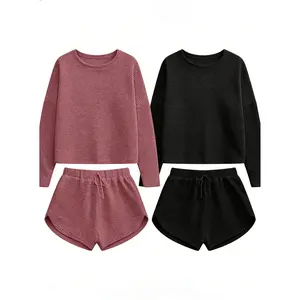 Womens Waffle Knit Pajama Sets Long Sleeve Top and Shorts Matching slightly thicker