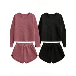 Womens Waffle Knit Pajama Sets Long Sleeve Top and Shorts Matching slightly thicker