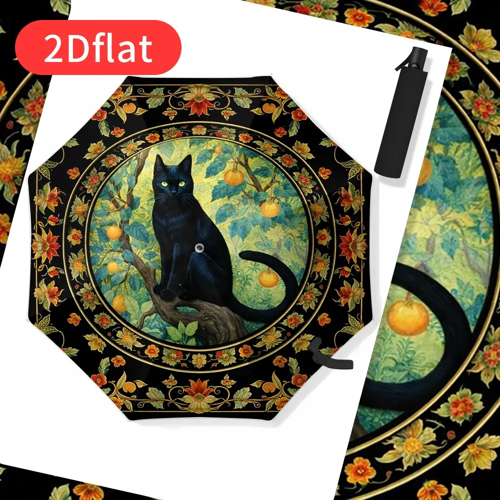 1 Gothic-style black cat and floral automatic umbrella – 8-rib durable fabric, self-opening and closing portable travel umbrella with a sturdy frame design, featuring elegant gothic style adorned with golden patterns