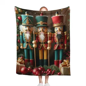 Festive Nutcracker Soldier Design Flannel Throw Blanket - Soft Reversible All-Season 280gsm Heavyweight - Red/Green/Golden Christmas Colors with Holly & Ornaments - Machine Washable Cozy Warm Bedsprea