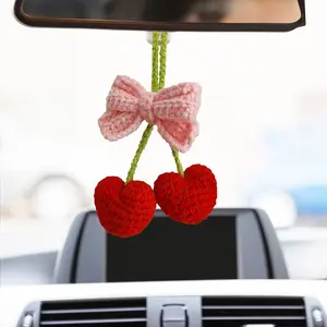 Cherry Car Hanger Rear View Mirror Accessories Crochet Cars Accessorie Cute Car Accessories Cars Mirror Hanging Accessorie Boho Crochet Hanging