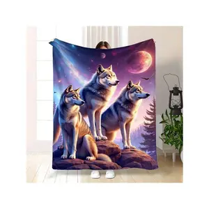 Ultra-Soft Wolf Print Throw Blanket - 280gsm Heavyweight Flannel, 3 & Night Design With Pine Trees & Stars - All-Season Cozy Bed, Sofa, Camping & Travel Blanket - Washable, Durable Contemporary Wolf Lover