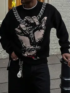 Men's Fall Winter Fleece Lined Streetwear Round Neck Fitted Sweatshirt, Gesture Chain Geometric Print, Casual Long Sleeve Knitwear Knit Top