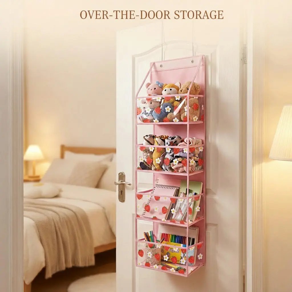 CozyRepublic Strawberry Floral Hanging Storage Organizer - Home Supplies, Multipurpose, Adjustable, Door-Hangable, 4 Transparent Dustproof PVC Pockets, Fabric Backing, Compact Functional Design, Bathroom Use, Multipurpose Storage, Bathroom Storage