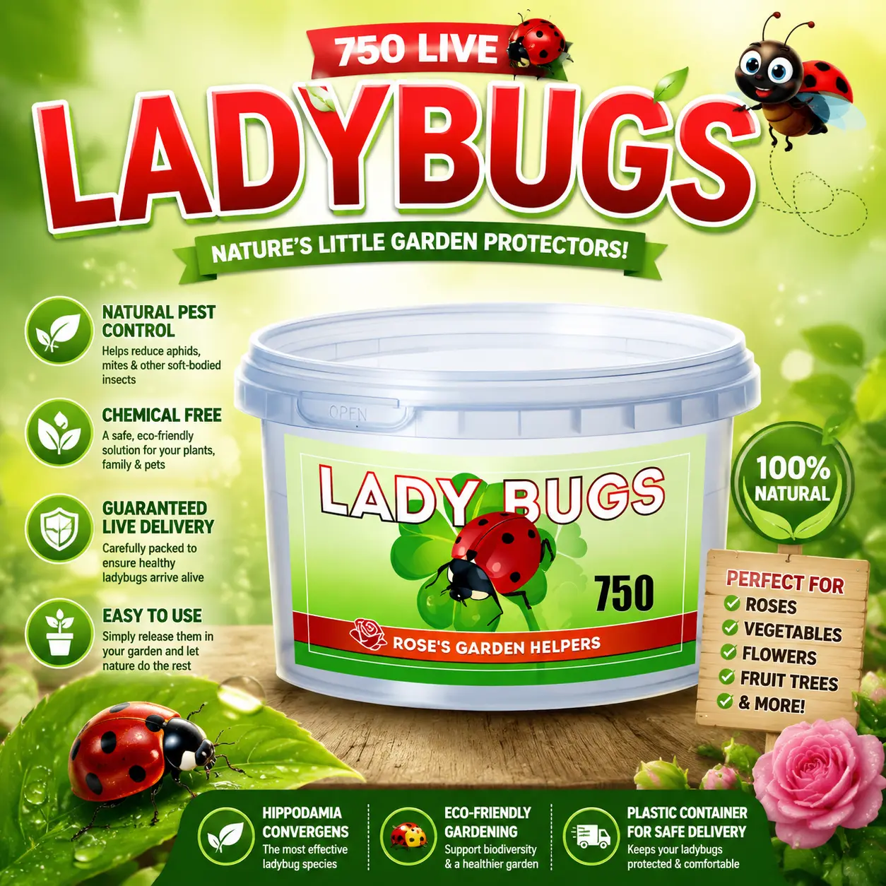 750 Live Hippodamia Convergens Ladybugs - Guaranteed Live Delivery - Plastic Container for Moth Control - Indoor Multi-Insect Pest Control Home Care Supply