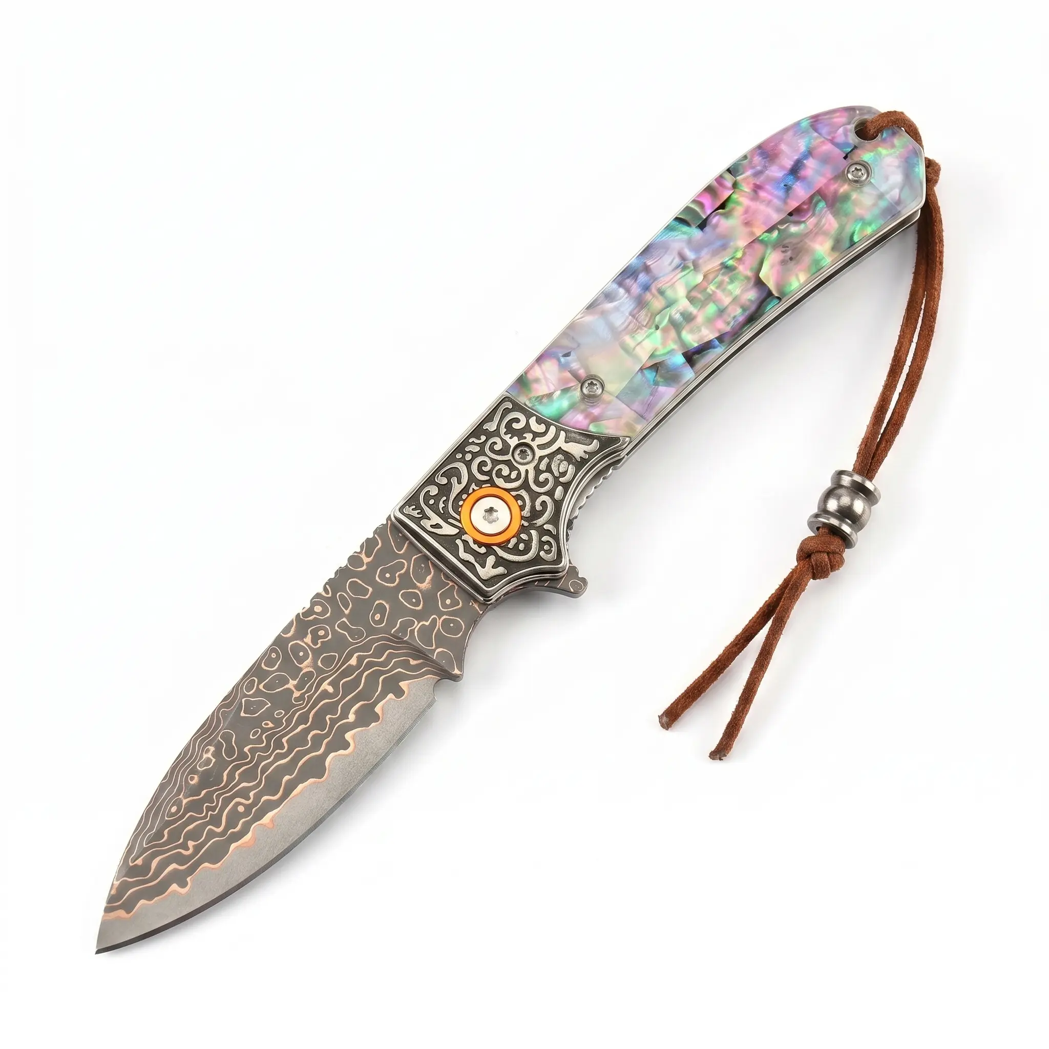 DJ-142 Folding EDC Knife with Copper Damascus Steel and Abalone Shell Handle, Great for Chefs