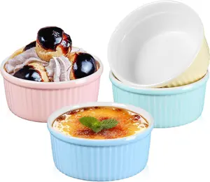 14oz Oven Safe Ceramic Ramekins Set of 4, Porcelain Pudding Cups for Creme Brulee Souffle, Ceramic Baking Ramekins (Yellow+Pink+Blue+Mint Green)