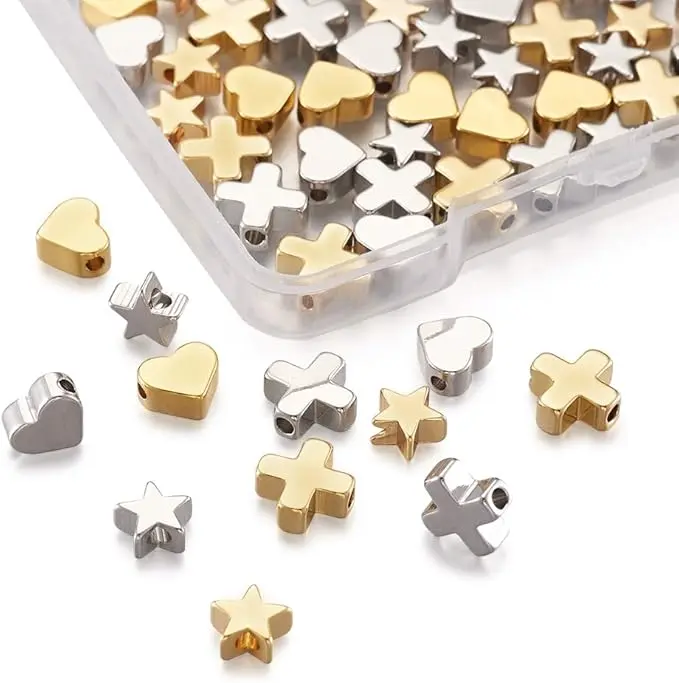 60pcs 3 Styles Crucifix Cross Heart Star Spacer Beads Platinum Gold Tiny Brass Loose Charm Beads for Bracelet Jewelry Making