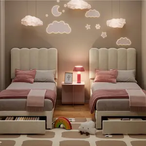 2 Sets Twin Bed Frame with Under-Bed Drawer, Upholstered Platform Bed with Wave Headboard for Kids/Girls, Wooden Slats Support, No Box Spring Needed, Velvet Beige
