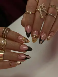 Handmade Gold Charm Press On Nails, Gold French Nail Set