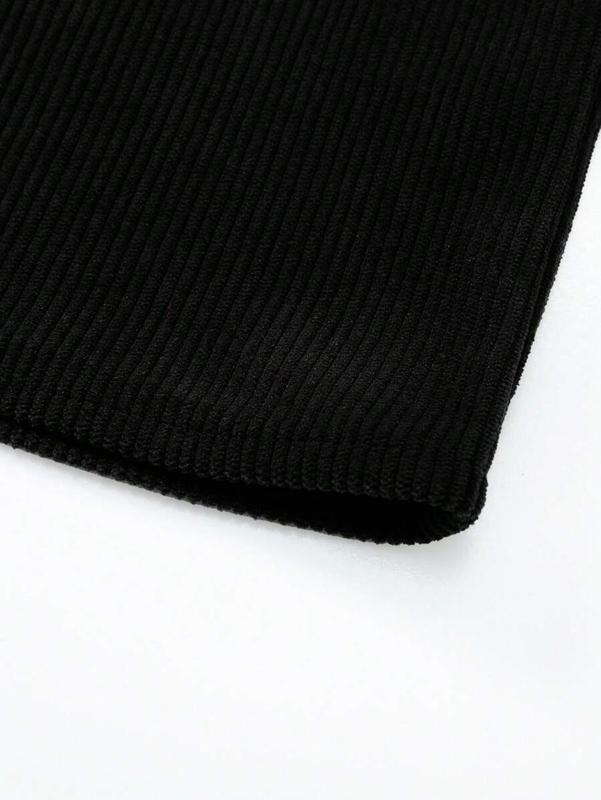 Black Corduroy Turndown Collar Long Sleeve Polo Shirt For Men, Loose Fit Casual Pullover Top, Spring/Autumn