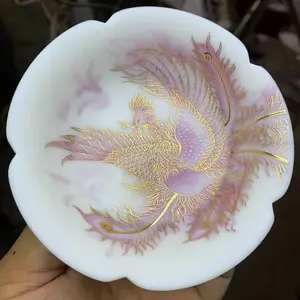 Jianzhan handmade tea cup, white phoenix carved tea cup