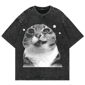 valentine shirts 100% Cotton Vintage Washed Y2k Funny Cat Meme T Shirt Fashion Men/Women Aesthetic Graphic Oversize Loose3 Acid Wash Tees Shirts