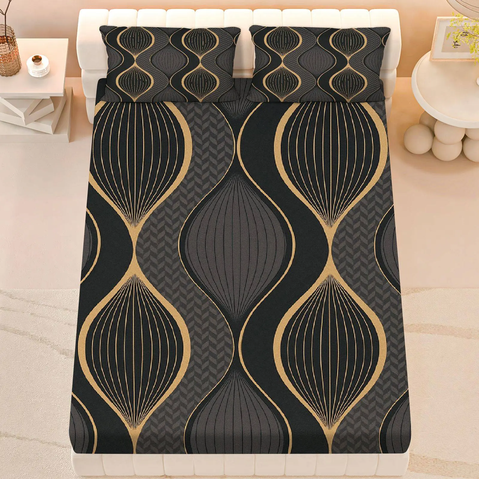 Modern Art Geometric Bedding Set, Contemporary Style, Includes Sheet Set and Pillowcases, Soft Breathable Mattress Protector