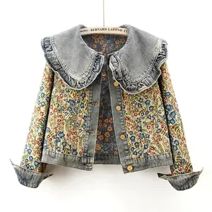 Y2k Spring Autumn Jacquard Embroidery  Denim Jacket Women Loose Short Cowboy Outerwear Casual Peter Pan Collar Jeans Jacket Female