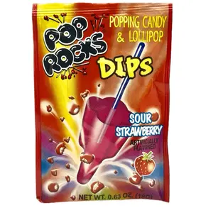 Pop Rocks Dips Crackling Candy with Lollipop Sour Strawberry Flavor 0.33 oz - Fun Popping Candy for All Ages - Sugar nostalgic snacks Sweet Bonbon