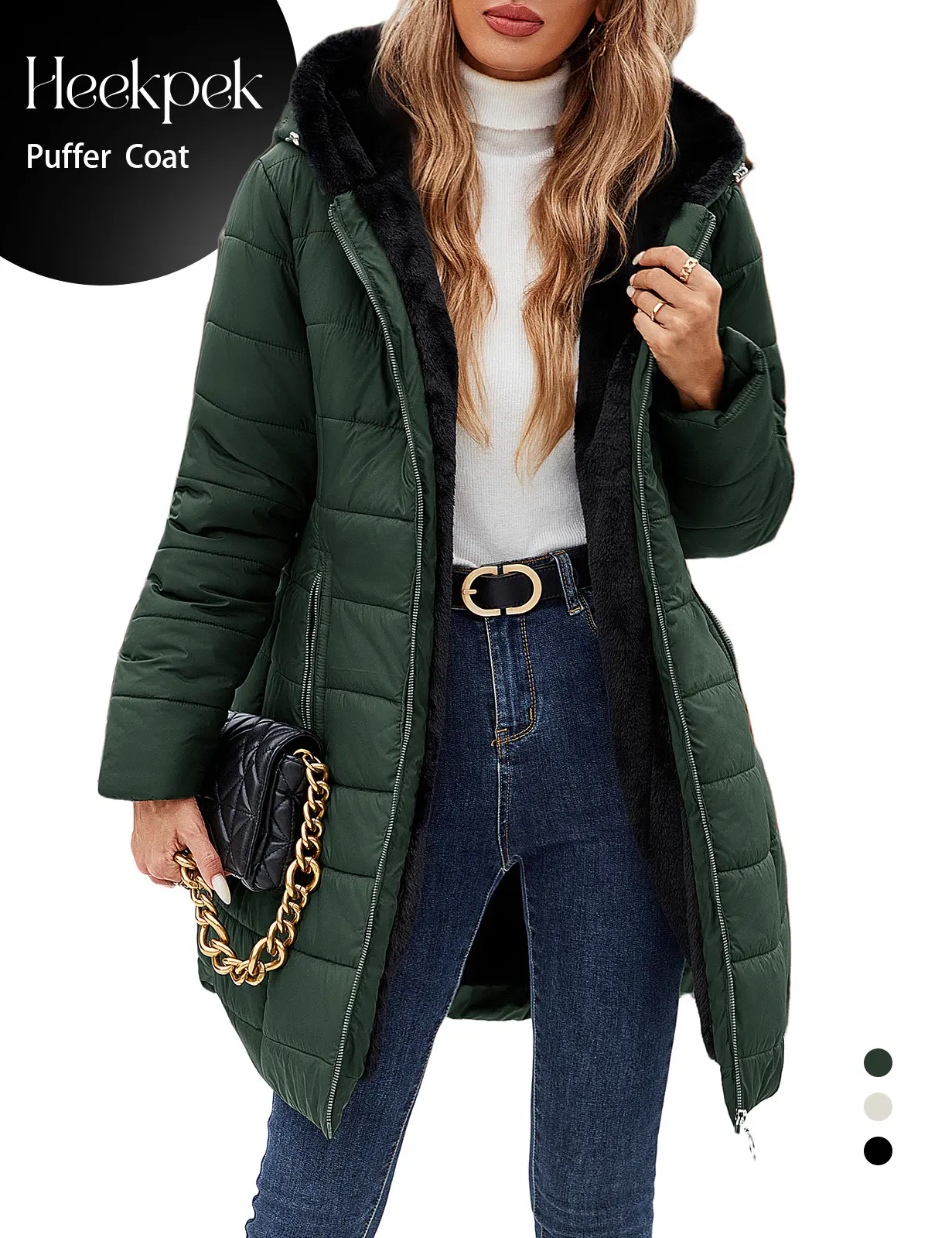Women's Black Slim Fit Down Jacket, Warm Fur-Lined Waterproof Tops with Windproof Design for Lady, Regular Long Sleeve Clothes for Commuting