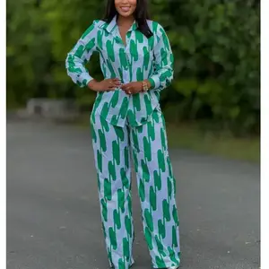 Summer Spring 2025 Fashion Green_Beige Printed Two Piece Set Women's Casual Button Long Sleeved Shirt & Wide Leg Pants Suits Gamis Check Clothes Fit Womenswear