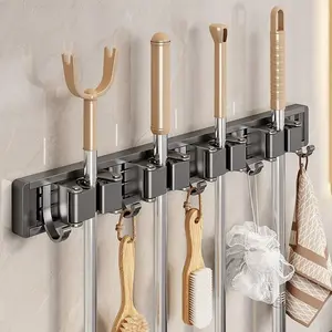 Wall-Mounted Mop Holder No-Drill Bathroom Organizer, Durable Plastic Storage Solution for Household Essentials & Cleaning Tools