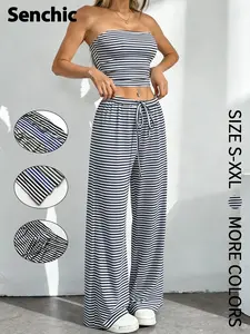 Vintage American Stripe Strapless Bustier with High Waist Wide Leg Pants Set, Relaxed and Versatile Two-Piece for Everyday Wear, Womenswear