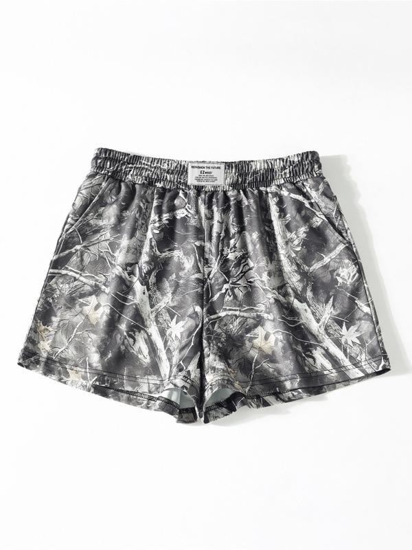 Vintage Street Withered Branch Camo Print Loose-Fit Gym Shorts, Casual All-Season Wear, Moderate Fabric Thickness, Kint Style, Athletic Shorts
