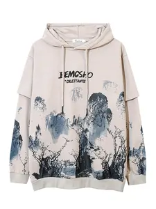 Men's Fall Winter Mountain Landscape Print Hoodie, Casual Patchwork Two-In-One Sweatshirt Jacket, Trendy Streetwear Outerwear