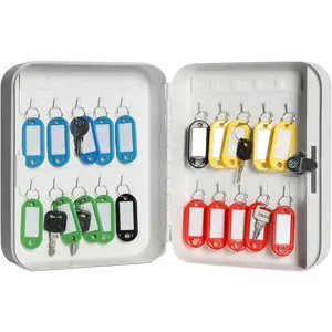 Key Lock Box Wall Mount  Key Storage Box, Locking Key Cabinet Wall Mount with 20 Key Hooks & Tags Key Labels, 7.87 x 6.3 x 2.95 inches, White Matt