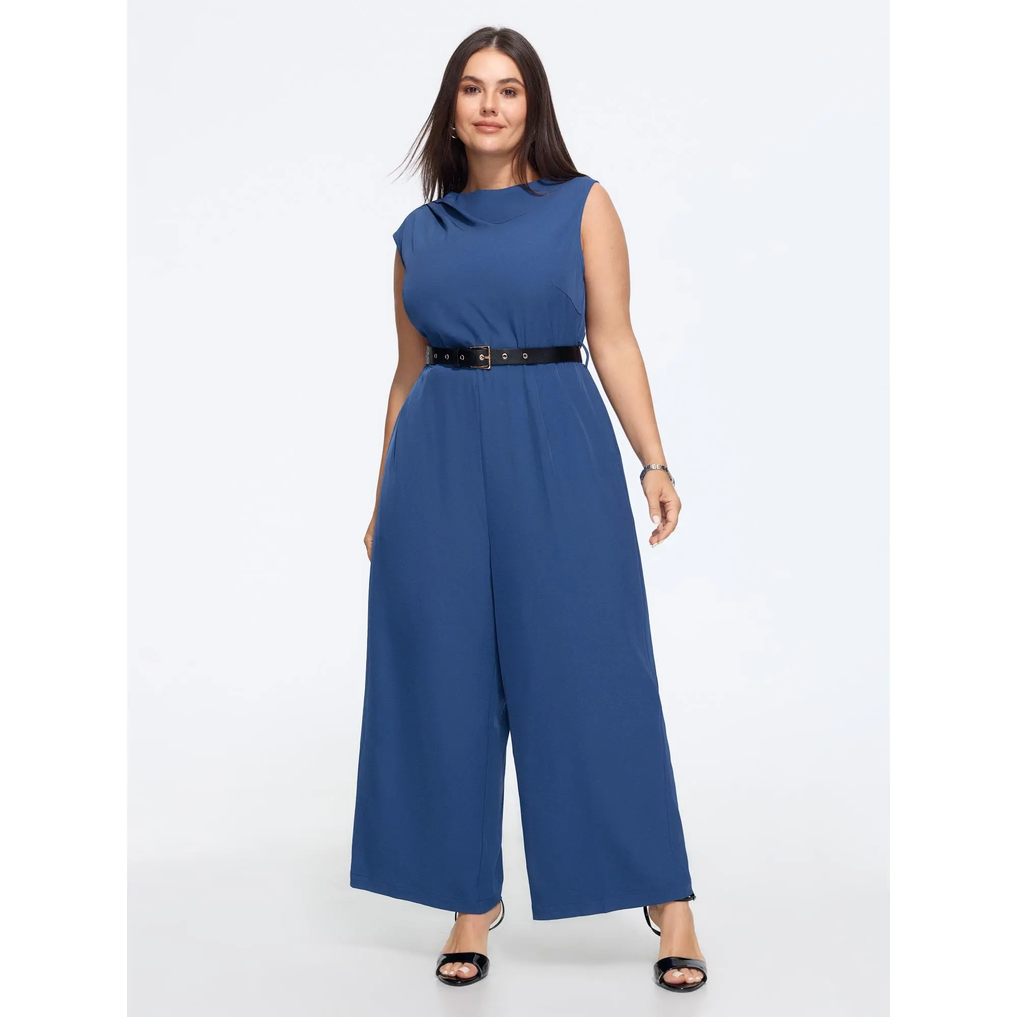 BLOOMCHIC Plus Size Draped Collar Belted Sleeveless Wide Leg Jumpsuit[M-6X] Back To School,Fall Pick, Overalls, Spandex