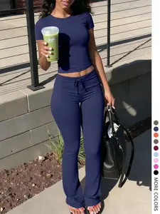 LovelyWholesale - US Women's Fashion Casual Solid Color Round Neck Short Sleeve T-Shirt Top and Drawstring Pants Two-Piece Set, Spring and Summer Clothing