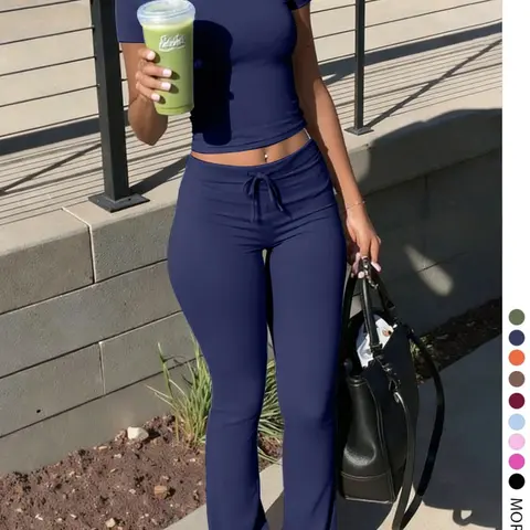 Women's LovelyWholesale Fashion Casual Two-Piece Set, Solid Color Round-Neck Short-Sleeve T-Shirt Top and Drawstring Pants, Spring and Summer Clothing