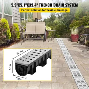 Father's Day Gift VEVOR Trench Drain System, Channel Drain with Metal Grate, 5.9x5.1-Inch HDPE Drainage Trench, Black Plastic Garage Floor Drain, 3x39 Trench Drain Grate, with 3 End Caps, for Garden, Driveway-3 Pack