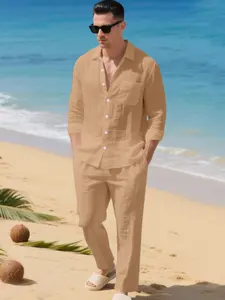 Men's 95% Premium Linen Set, Casual Ultra-Lightweight Washed Crinkle, Long Sleeve Shirt & Trousers, Breathable Stand Collar, Modern Boho Aesthetic Vacation