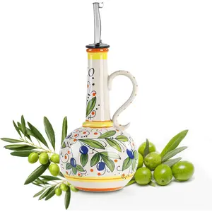 18 oz Ceramic Olive Oil Dispenser Bottle for Kitchen, Large Capacity Oli and Vinegar Cruet with Stainless Steel Spout, 540 ml Oil Container with Handle for Cooking Preventing, Vinegar Cruet