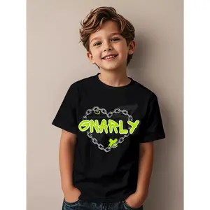 1pc Kids' Gnarly Chain Print Black T-Shirt |   Crew Neck, Casual Tee, Medium Stretch Knit Fabric, Regular Fit for Boys & Girls, Alphabet Pattern, Perfect for Spring/Summer/Fall, St. Patrick'S Day, Christmas, Valentine'S Day