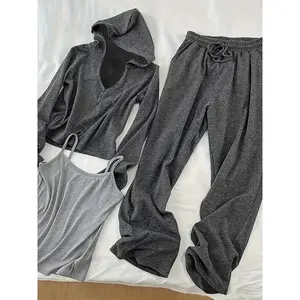 [Cozy Loungewear 3pcs Set] 3pcs Set Women's Casual Hooded Sweatshirt Vest and Wide Leg Pants - Cozy Loungewear Outfit - Polyester Knit Fabric, Solid Color, Button Detail, 180g/m2