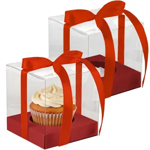 Mini Cake Boxes 3.54x3.54x3.54 inch Mini Cupcake Carriers Treat Containers for Dessert, Mother's Day, Valentine's Day（Red/Pink）