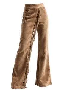 Vintage Fringe High Waist Flared Bell Bottoms for Women, Elegance Coffee Color Slimming, Commute Party All Seasons Versatile Easy Care