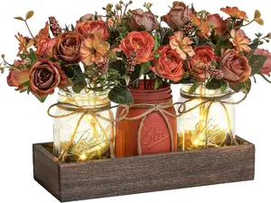 Mason Jar Centerpiece Table Decorations Set of 3 with Wood Tray & LED Light for Farmhouse Dining Coffee Kitchen Living Bathroom Orange