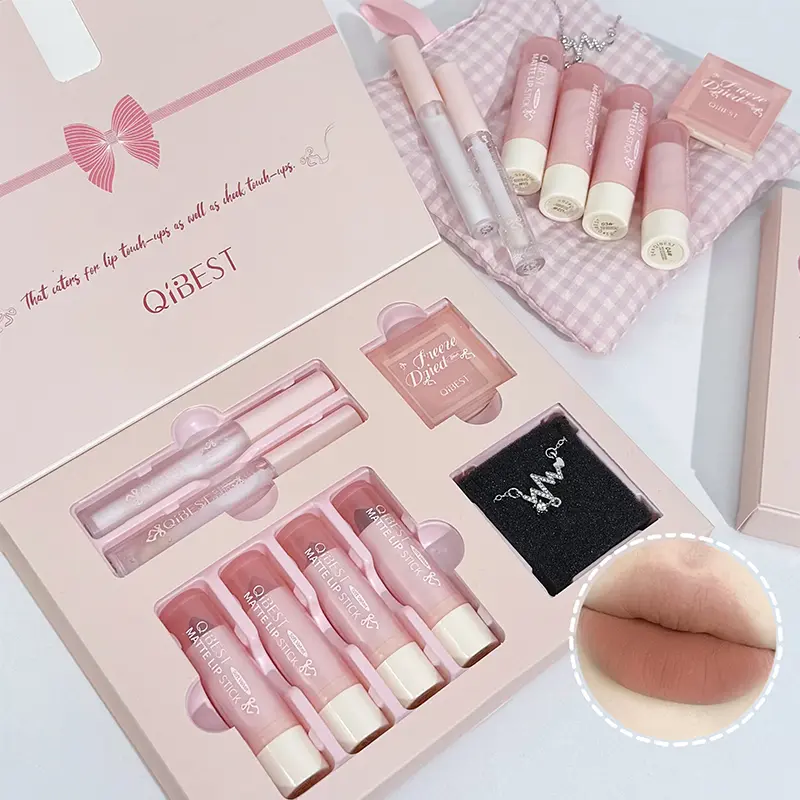 7Pcs Makeup Set Necklace Gift, Makeup Bundle Box, 4 Nude Liquid Lipstick + 1 Lip Cream + 1 Lip Oil + 1 Face Blush Palette Women Cosmetic Kits Lip Gloss