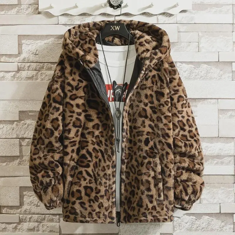 2025 Men's Leopard Print Handsome Imitation Mink Hooded Jacket Fleece-Lined Warm Men's Jackets