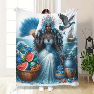 Bohemian Flannel Throw Blanket with Peacock Feathers & Ocean Print - Ultra-Soft, Lightweight for All-Season Use |   Artistic Home Decor & Travel Gift