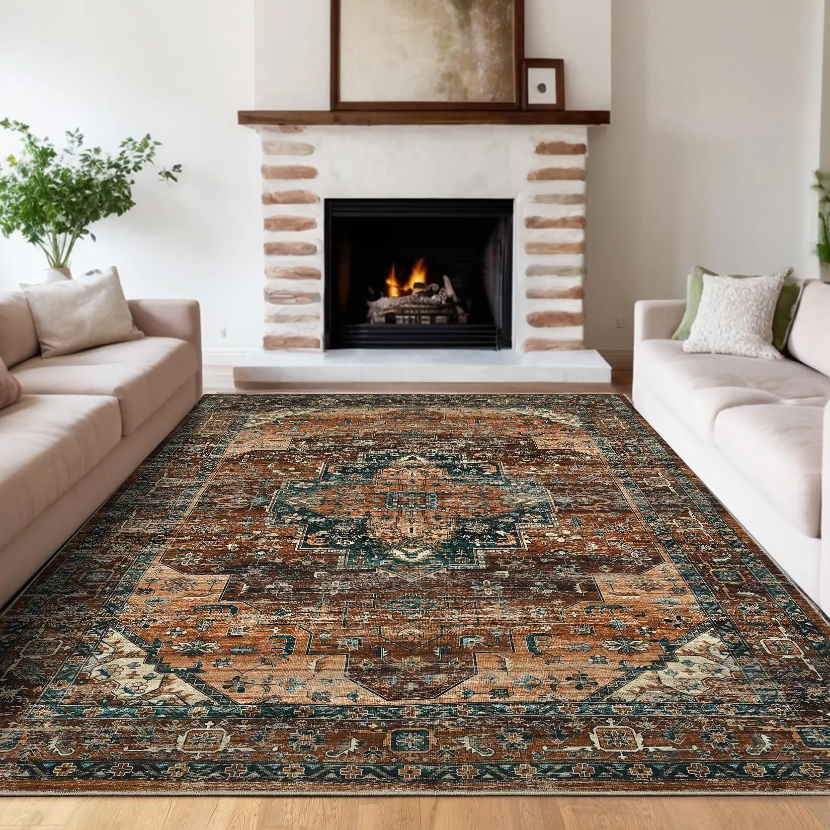 【GARVEE】Machine Washable Area Rugs 5x7 Vintage Floor Carpet with Non-Slip Backing, Stain-Resistant Oriental Soft Low Pile Carpet, Distressed Accent Carpet for Laundry, Bedroom, Office, Brown