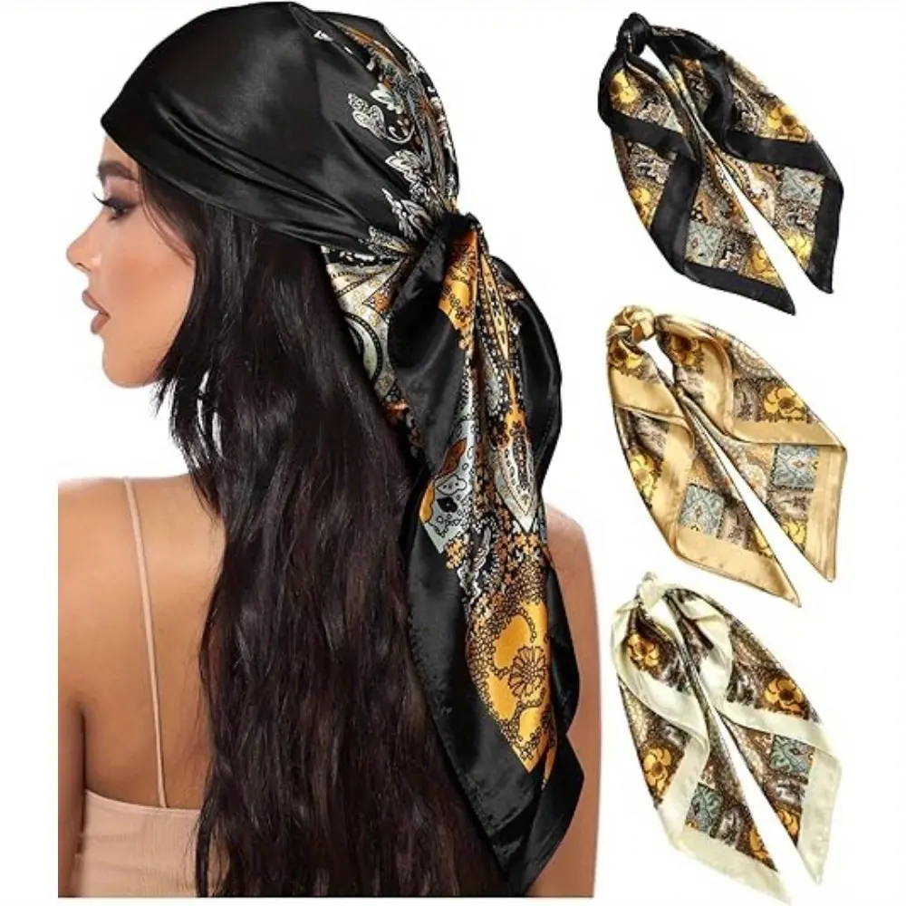 Women's 3PCS 35-Inch Satin Silk Feel Square Scarves - Decorative Shawls for Decoration, Style, Graduation, Christmas, Windproof Sun-Proof Neck Head Wrap with Printing, Woven, Tie-Dye Craftsmanship (Kitchenware Specialty Utensil)