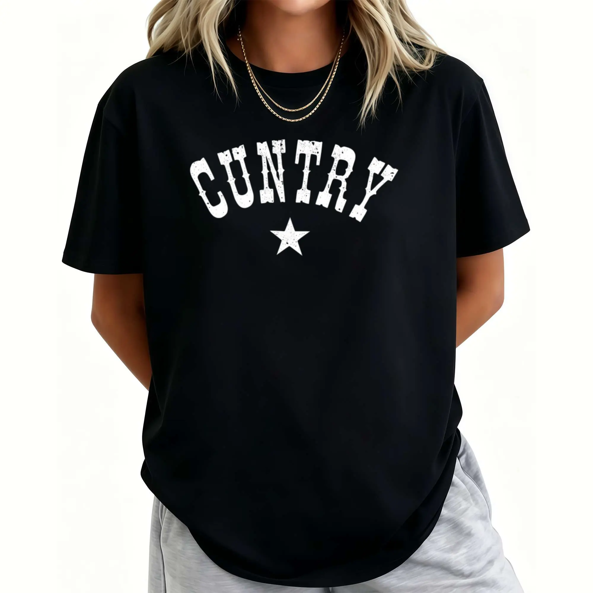 Cuntry Shirt - Funny Western Cowgirl Graphic Tee, Ironic Star Southern Slogan T-Shirt, Retro Espresso Country Concert Festival Top, Playful Bachelorette Girls Weekend Gift