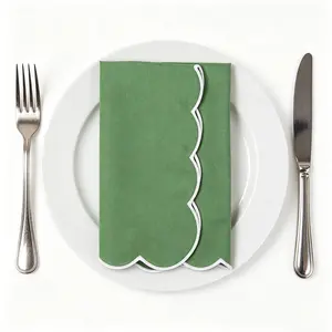 1Pcs Cotton Linen Napkin,Scalloped Edge Embroidered Cloth Napkins 16x16 Inch for Boho Kitchen, Daily Dining