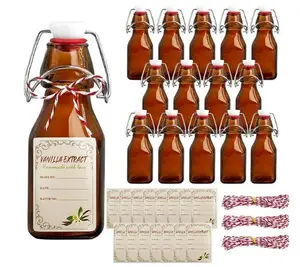 12Pcs 4oz Amber Swing TopbrownSquareGlassBottlesforVanillaExtractwithCapsandCottonTwinesLabelFlipTopGlassBottleforHomeVanillaBrewOilBeerTeaSupply