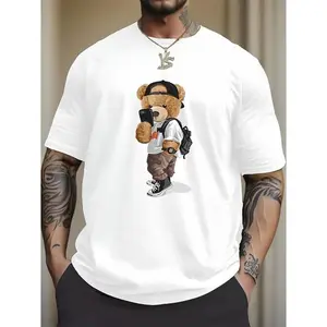 Cartoon teddy bear print, men's graphic design round neck T-shirt, summer casual and comfortable T-shirt, daily resort men's tops, suitable for men, women, moms and friends, couple style, fashionable and loose, youthful and energetic